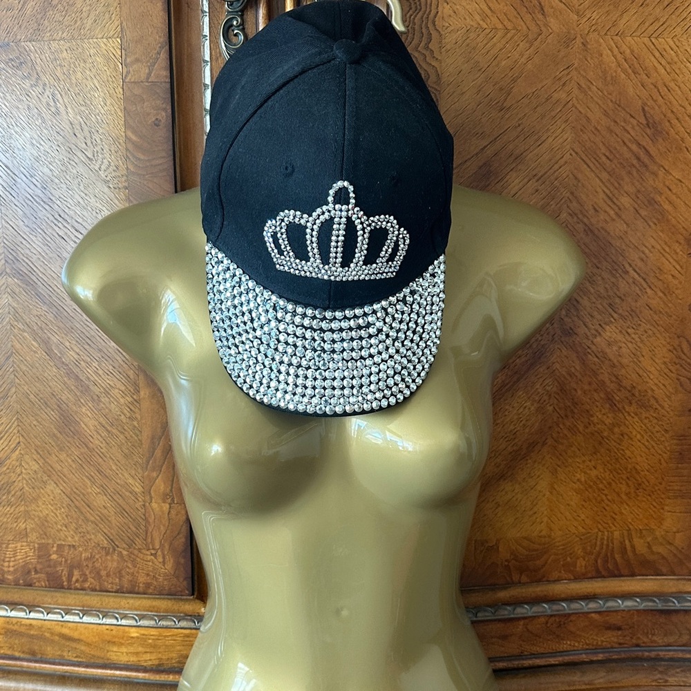 Black Cap with Rhinestone Crown Design
